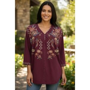#2136 Caite NWT Mally 3/4 Sleeve Embroidered Tunic Top Size Small Mulberry